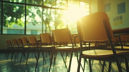 Poster - Chair group on table in classroom on morning education concept furniture empty people student in room seat and desk in school or university on blurred window and sunny light beauty : Generative AI