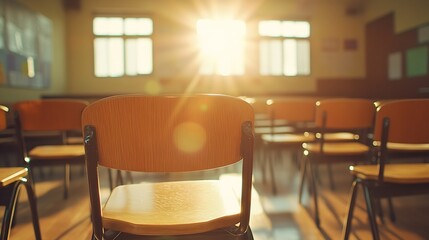 Student wooden chairs in university classroom with sunlight from window Empty classroom with vintage tone wooden chairs Back to school concept : Generative AI