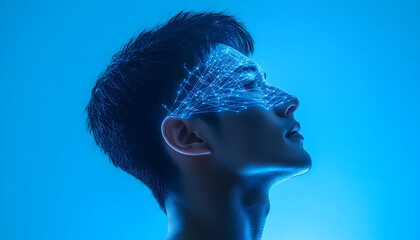 A handsome asia man with glowing digital lines on his head, against a dark blue background