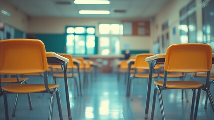 Poster - Back to school concept Classroom in blur background without young student Blurry view of elementary class room no kid or teacher with chairs and tables in campus : Generative AI
