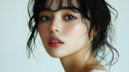 Canvas Print - Close-up portrait of a young woman with long black hair and soft makeup.