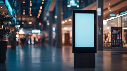 Poster - Advertising digital screen on pillar in shopping mall Vertical OOH out of home poster display in retail environment Out of focus bokeh effect in background : Generative AI