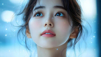 Poster - Close-up portrait of a young woman with long dark hair, looking up with a soft expression, against a blue background with sparkling lights.