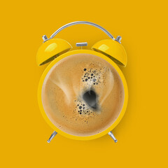 Wall Mural - Bright alarm clock with coffee instead of dial on yellow background, top view