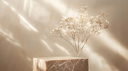 Fototapete - Luxury Brown stone marble pedestal Podium decoration with dried flower Over Beige Background elegant backdrop product showcases and sophisticated designs for Skin care and cosmetic Exh : Generative AI