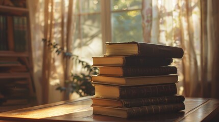 A Stack of Books Bathed in Warm Sunlight