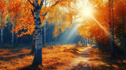 Wall Mural - sunlit forest path in autumn with vibrant orange foliage and birch trees