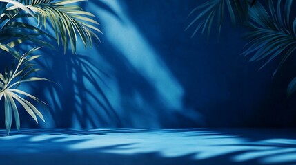 Aufkleber - Blue Background Dark 3d Studio Minimal Kitchen Table Display Room Abstract Scene Business Light Shadow Leaf Texture Space Wall Floor Bg Mockup Template Beauty Luxury Wallpaper Stage Gr : Generative AI