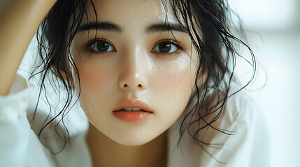 Poster - Close-up portrait of a young woman with wet hair and dewy skin.