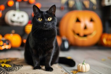 Black cat with yellow eyes in front of Halloween pumpkins and decorations.