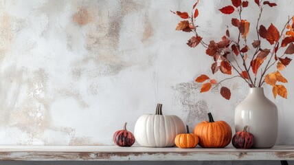 Wall Mural - Rustic autumn scene with pumpkins and vase fall leaves on shelf