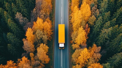 Orange truck drives through scenic autumn forest from aerial view