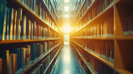 Fototapete - Abstract blurred public library interior space blurry room with bookshelves by defocused effect use for background or backdrop in business or education concepts : Generative AI