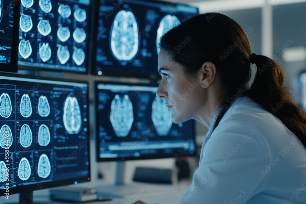 A focused medical professional analyzing brain scans on multiple ...