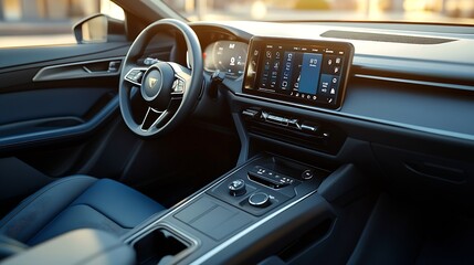 Electric car interior details adjustments Inside car interior with front seats driver and passenger textile multimedia windows console gear shift electric buttons digital speedometer : Generative AI