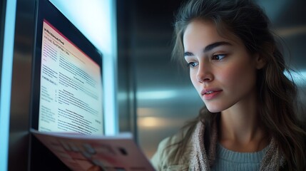 Aufkleber - A woman reads an advertisement for a new product on an elevator screen The woman is intrigued by the ad and considers buying the product The ad is welldesigned and effectively targets  : Generative AI