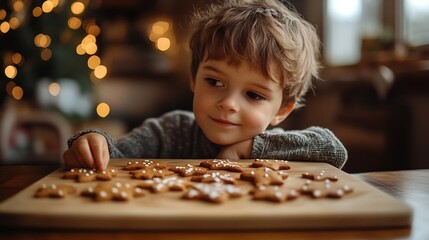 Boy looking at cutting board with gingerbread cookies on table at home : Generative AI