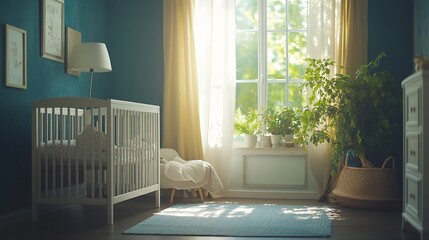 Cute baby room interior with crib and big window : Generative AI