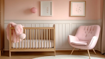 Wall Mural - Decorative baby room wooden cradle child toy stairs and pink chair with cabinet furniture : Generative AI