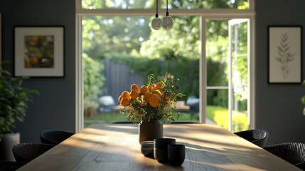 Wall Mural - Contemporary dining room featuring a wooden table black chairs and ample natural light from french doors leading to a garden : Generative AI