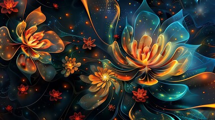 Wall Mural - A vibrant abstract design featuring luminous flowers and swirling colors against a dark background.