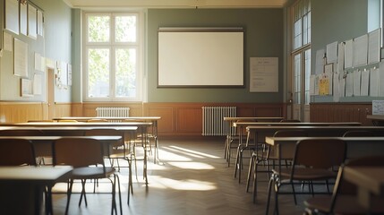 Poster - Empty classroom without students with desks chairs and white board during pandemic : Generative AI
