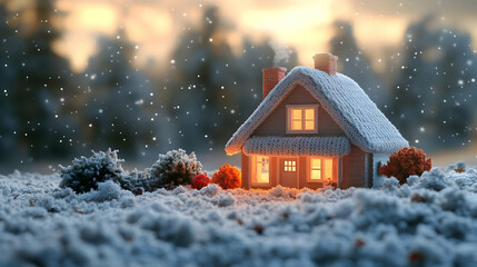 Canvas Print - Cozy cabin with snow on the roof illuminated by warm light in a snowy forest.