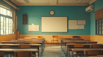 Poster - Lecture room or School empty classroom with desks and chair iron wood for studying lessons in high school thailand interior of secondary education with whiteboard vintage tone educatio : Generative AI