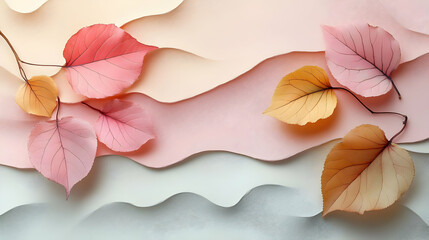 Wall Mural - Delicate autumn leaves on a wavy pastel background.