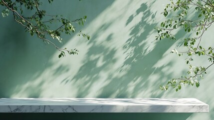 Poster - Minimal empty white marble counter table top green tree branches in sunlight leaf shadow on green wall background for cosmetic skincare beauty treatment product display : Generative AI