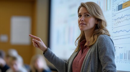 Poster - A mature female instructor points to a chart on a digital screen during an educational session in a welllit classroom : Generative AI