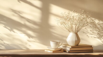 Aufkleber - Elegant interior still life Modern organic geometric shaped vase with dry flowers grass Pile of old books cup of coffee on wooden table Home staging minimal decor concept Blank beige w : Generative AI