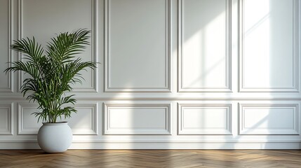 Poster - White classic wall background brown parquet floor home furniture detail frame and vase of plant : Generative AI