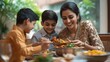 © Generative AI - Happy Indian woman serving food to her son and husband on dining table at home  concept of family bonding household responsibility and togetherness : Generative AI