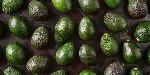 Wall Mural - Newly harvested avocados elegantly displayed in a close-up image against a textured background.