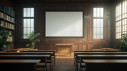 Fototapete - Classroom interior with white board projection screen and wooden desks : Generative AI