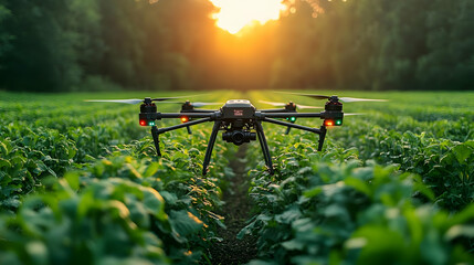 Drone flying over a field of green plants with a sunset in the background.