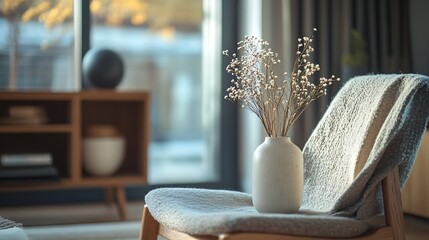 Poster - View of modern scandinavian style interior with chair and trendy vase home staging and minimalism concept : Generative AI