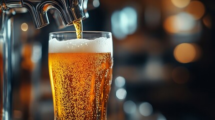 Closeup shot of beer tap pouring frothy beer into clear glass Beer lightcolored and bubbly Textured photo Abstract background Concept of alcohol drinks Oktoberfest summer party : Generative AI