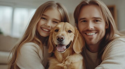 Positive happy family beautiful woman hugging husband little girl playing with dog golden retriever sitting in room in cozy home Concept of harmony parenthood care : Generative AI