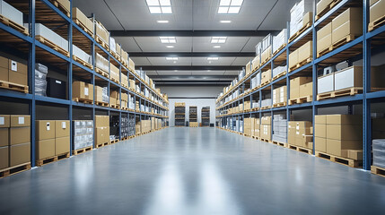 Sticker - Empty warehouse aisle with shelves full of cardboard boxes.