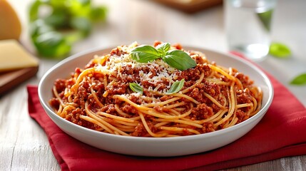 Poster - Spaghetti bolognese with basil on top and cheese and water on the side sitting on a red napkin and white wooden surface : Generative AI