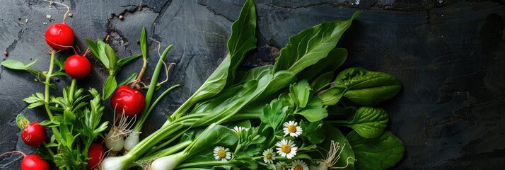 Sticker - Fresh salad featuring assorted vegetables and wild garlic, a healthy dish for spring.