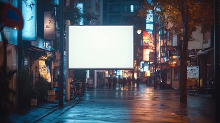 Aufkleber - Blank mockup white billboard of store street showcase in a city at eveningClear shop templateSignboard for logo presentationMarketing and business concept : Generative AI