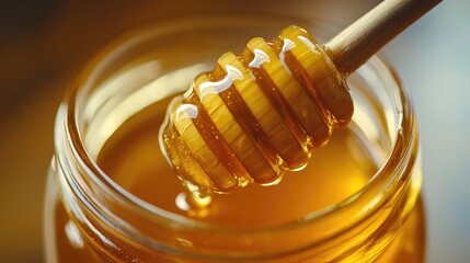 Wall Mural - Close-up of a jar of golden honey with a wooden dipper, showcasing its natural, organic texture