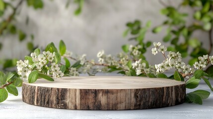 Poster - Decoration Wood cut podium and stone arrangements with green flowers on white background  Abstract podium for organic cosmetic products Natural stand for presentation and exhibitions F : Generative AI
