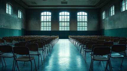 Poster - Empty classroom with chairs arranged in a black t prizes : Generative AI