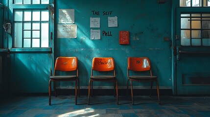 Poster - Photo of chairs in school with take a seat please writing on wall : Generative AI
