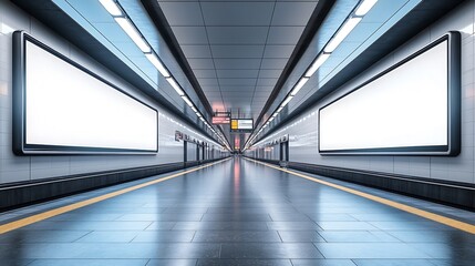 Poster - Large panoramic billboard on underground subway Mockup Hoarding advertising hanging on train station wall interior 3D rendering : Generative AI