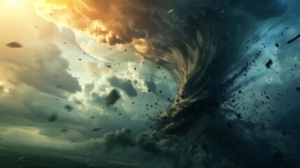 Wall Mural - A dramatic depiction of a swirling tornado amidst dark clouds and light, showcasing nature's power and chaos.